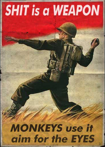 A soldier throws a turd.
Shit is a weapon. Monkeys use it. Aim for the eyes.