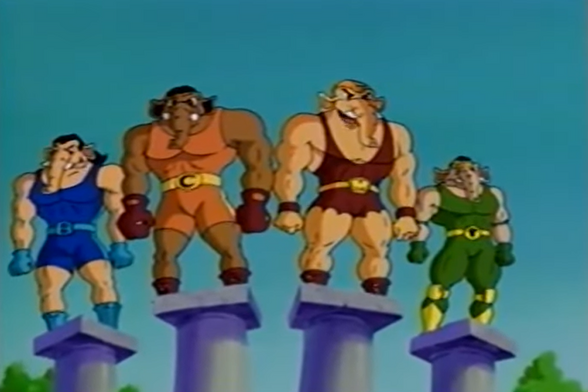 4 jacked anthropomorphic animated Mastodons in different colored singlets standing on top of Greek columns