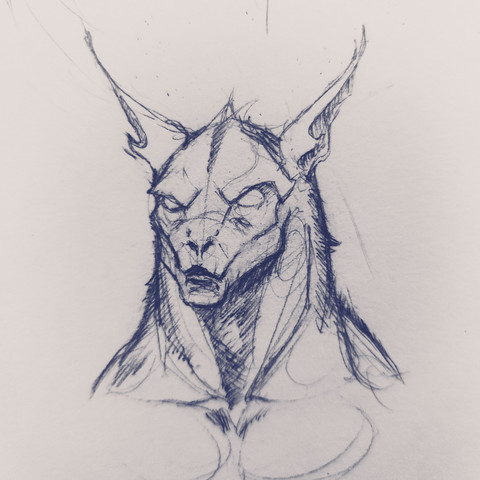 A sketch of the head of a furry creature with long pointy ears.