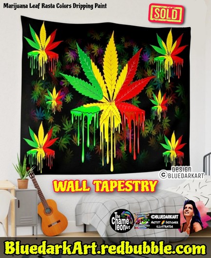 Marijuana Leaf Rasta Colors Wall Tapestry ● Design Copyright BluedarkArt TheChameleonArt ● available for sale in the BluedarkArt Redbubble Shop