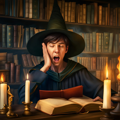 AI & Human Collab Art: "The well learned but yawning wizard's apprentice" by AI and Berenixium