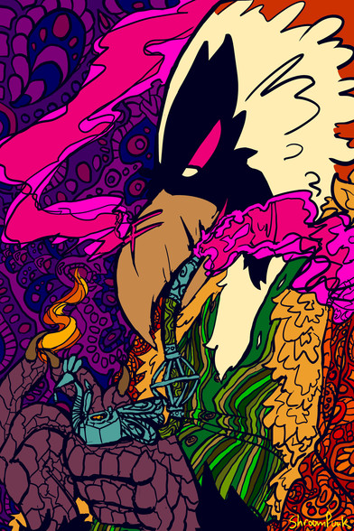 Bust shot of an anthro bearded vulture man in psychedelic 60s styled clothing, smoking from an ornate metal bird pipe. Pink smoke is pouring out of a crack in the top of his beak. The background and his clothing are all covered in ornate psychedelic patterns.