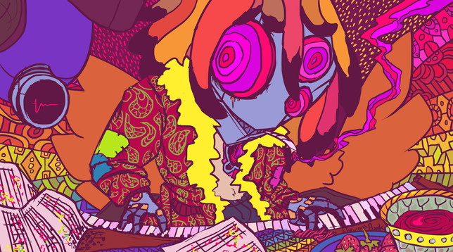 Psychedelic illustration of a cyborg bird man in a colorful space. He has a flat metal face with three pink eyes and orange feathery hair, and is wearing a fur-collared paisley jacket and nothing underneath. The figure is seated at a piano that is covered in colorful sheet music, with a bowl of strawberries and an ornate glass of red wine. A spherical robotic drone floats nearby, watching over the pianist. In the background, his wings are spread out, and are colored in psychedelic rainbow patterns.