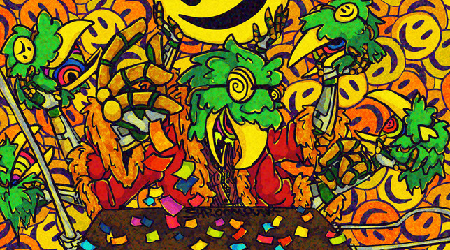 Cluttered colorful illustration of an anthro bird playing the theremin. He has 8 arms, with 2 of them actually in the proper pose for theremin playing, 4 arms holding copies of his own head with different expressions, and 2 hands in the back holding a giant smiley face over his head. He's wearing a fur-lined coat and swirled sunglasses. The background is a mess of smiley faces overlapping each other.