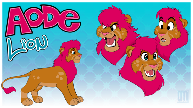 A ref sheet for a lion with a pink mane