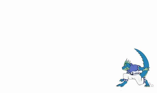 2D sprite-sized animation. Kaliak the blue and green lizardman wearing his blue and white gi doing a forward jump and backward flip from one side to the other in an infinite loop.