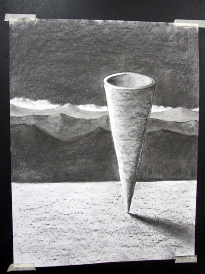 Charcoal drawing of a cone standing on its vertex in an abstract landscape.