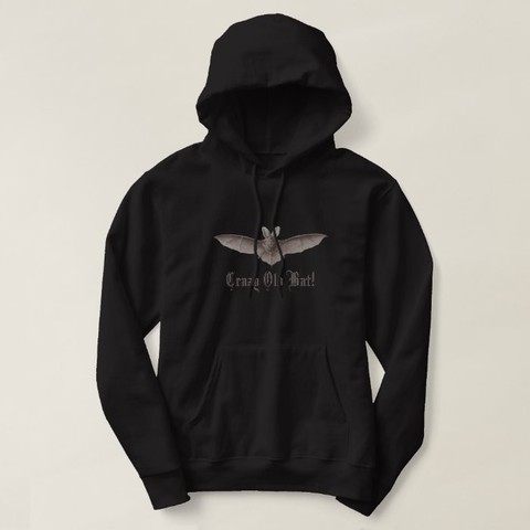 Image of a black hoodie sweatshirt with Gothic vintage bat and the phrase "Crazy Old Bat" in old English fancy font.