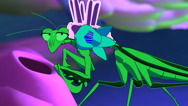 A cartoon praying mantis leaning over a hole in some kind of alien counter, looking unimpressed.