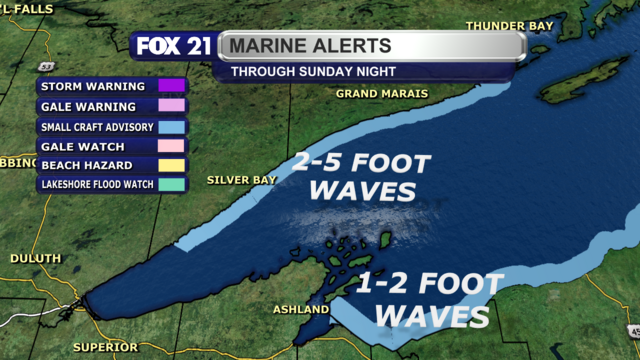 Small Craft Advisory alerts are in effect along the North Shore until 6 a.m. on Monday, November 6, 2023 for 2 to 5 foot waves along Lake Superior.  A different advisory is in effect for locations east of Ashland Sunday night for 1 to 2 foot waves.