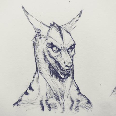 A pencil drawing of a dog-like creature with long pointy ears and sharp eyes.