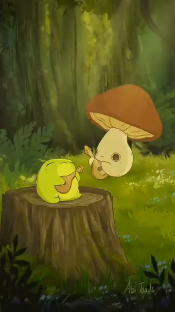 AN animated illustration of a cute frog that sits on a stump with a guitar, a cute mushroom stands in the back with a guitar as well. They are playing music together