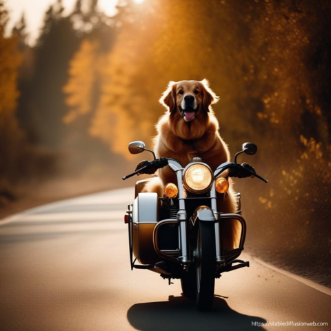 KI-generiertes Bild eines Golden Retrievers, der ein Motorrad steuert