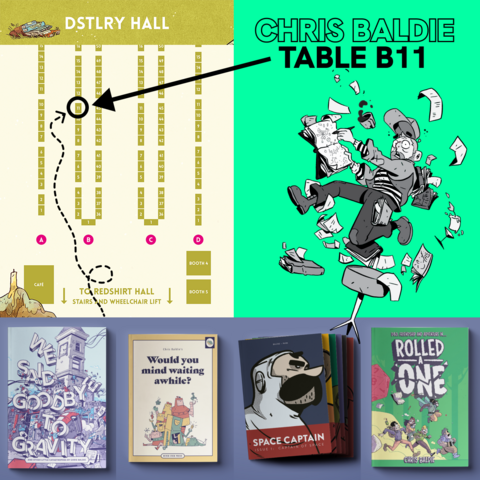 A table layout map of the DSTLRY Hall, with a dotted line reading to Chris Baldie's table at B11. The image is surrounded by various Chris Baldie artworks.