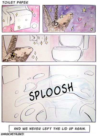 a rabbit looks at the toilet paper roll. she tries jumping onto the toilet to reach it. the toilet lid is up so she falls in with a sploosh. the cation reads, "and we never left the lid up again"