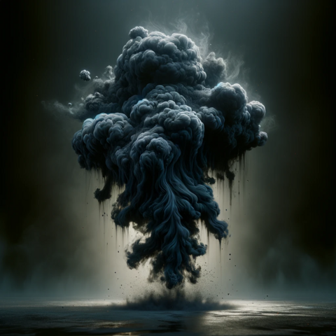 An AI generated rendition of a large smoke creature that drips oil back to the surface.  The background is black as if it’s night in a city, but there are no buildings.  The ground is flat and wet like dirty wet pavement.