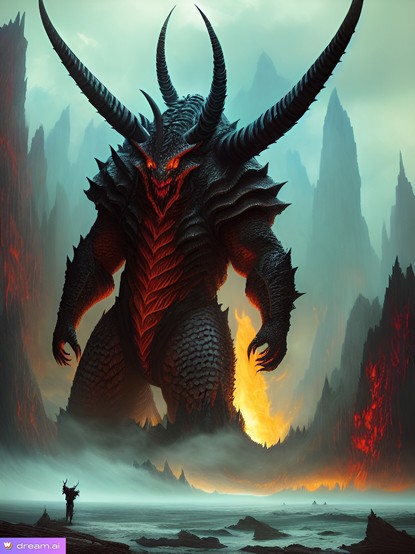 An AI generated image with a large hulking demon in a kind of cavern or canyon towering over a small human.  There is molten rock coming down some of the sides and the demon itself has red eyes, several layers of teeth, 4 horns at strange angles, an armored skin, and red hot scales and such down the middle of its front.