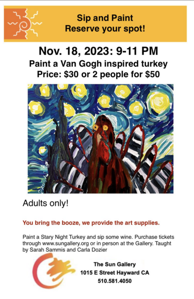 Flier with the same information as well as a sample of the painting showing a very silly heritage turkey standing before a simplified version of Van Gogh's Starry Night.