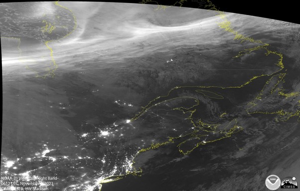 JPSS satellite visible view of northern North America from 5-6 November depicting intense aurora.