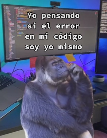 Un gorila con la mano en el mentón como pensando, frente a la pantalla de un pc con código de programación en ella y la frase: Yo pensando si el error en mi código soy yo mismo.