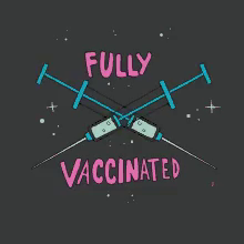 Geanimeerde GIF met de tekst 'Fully vaccinated' en twee spuiten.