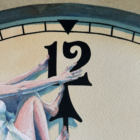 This is a close-up of my watercolour painting “Deadline“. In this image, we can see part of a female figure grasping the number 12 on a clock faced. She is scrunched up between the two clock hands, and the time is 11:54. The clock-face is treated with an antique look in watercolor. The number 12 and the clock hands are painted in a very matte black paint.