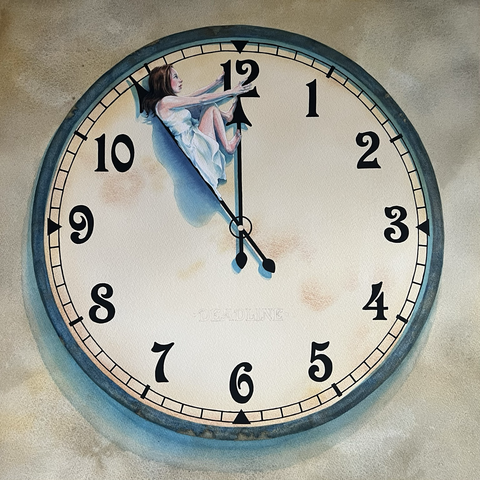 This is the work-in-progress of my watercolour painting “Deadline“. The painting is of a clock-face, and the time is 1154. There is a female figure in a white dress, trapped between the numbers hand, and the hours hand. She is all scrunched up and holding onto the number 12. This is a watercolour painting and the clock-face has been treated with an antique look. All the numbers have now been painted in matte black as have the clock hands. Everything is now done, except for the word deadline on the clock-face, and the rim of the clock.