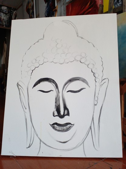 a painting of the Buddha's face, his eyes closed, in meditation, just soft grey lines on the canvas, no color except dark eyebrows, eyelashes, nose, and lips, a soft outline for the face, ears, and hair