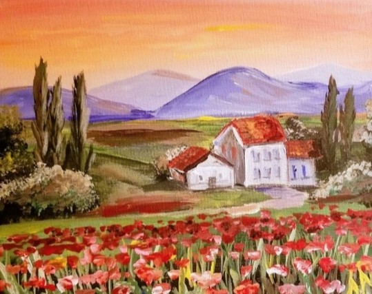 Painting of a landscape in Tuscany, Italy. In the foreground is a field with many red flowers, but some light pink ones as well, all with stems in various shades of green, and some touches of yellow to it. In the background the landscape is a bit hilly. There are three houses with red roofs, with green foliage and trees on their right. On the left is also a group of green and light brown foliage and trees. The fields in the background are coloured in shades of green, red, brown and yellow. On the horizon are mountains coloured in various shades of purple, with some touches of pink to them. The sky is coloured in warm shades of soft pink, yellow, orange and red.