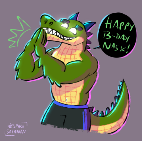 The green horned crocodile, Charlie, happy for her friend's bday, clapping and wishing them a happy birthday!