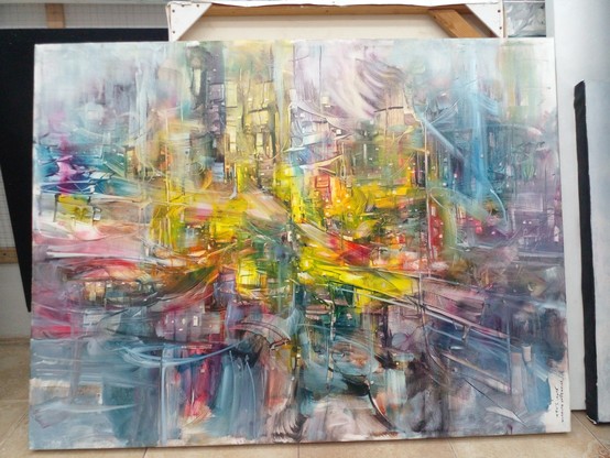 an abstract painting of a city, there are lines of motion and foggy sections of it, the buildings are distorted, it is like if the motion had been fast forwarded and then suddenly frozen