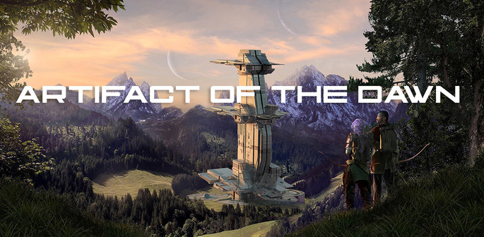 Artwork for the novel "Artifact of the Dawn." Depicted are two figures overlooking a forested valley with mountains in the distance. In the valley stands a high-tech tower of gleaming metal and glass, while the two figures are wearing medieval-looking cloth and leather garments. In the sky, two moons can be seen.