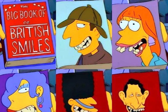 The Simpsons screenshot showing "the Big Book of British Smiles" - lots of bad teeth!