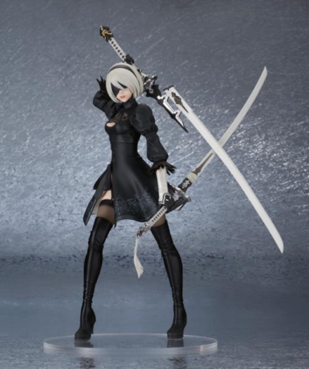 a statue of a slender woman wearing futuristic black clothing, a black mask over her eyes, her ivory-colored hair coming out of the top, she is holding two giant swords, one down at her side and one up over her back