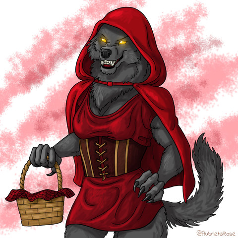 A female werewolf wearing a Little Red Riding Hood costume, holding a basket and grinning with her teeth bared.