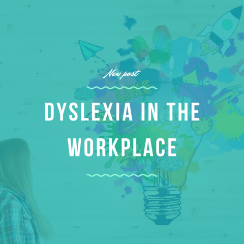 On the front, there is the text: new post, dyslexia in the workplace. At the back, we see a picture of a girl looking at a lightbulb that symbolises ideas jumping out of it.