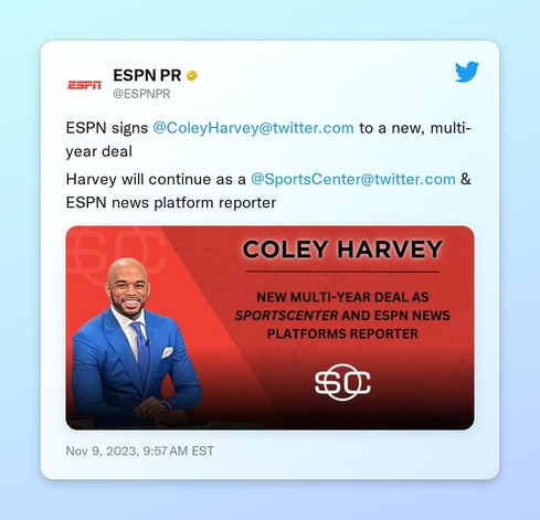 ESPN signs @ColeyHarvey to a new, multi-year deal

Harvey will continue as a @SportsCenter &amp; ESPN news platform reporter https://t.co/UqpJg9XJo5