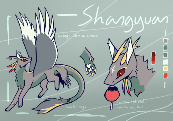 a reference sheet of a grey canine like character “shangyuan”with blue wings, green underbelly, gold horns and markings, red eyes, and a blue-tipped dragon tail. Says “wings like a crane, and two tail rings” Also shows a headshot close up of it with a chinese lantern saying “lantern optional, can be any kind”