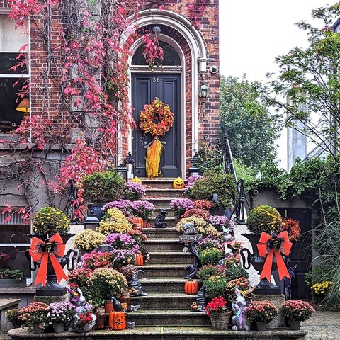 Black door on a brick facade covered in ivy. There is an Autumn wreath on the door and the steps are covered in flowers and Halloween decorations