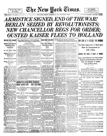 New York Times headline page, November 11, 1918