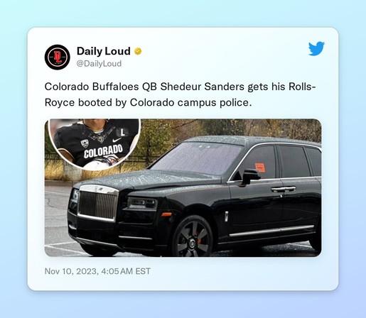 Colorado Buffaloes QB Shedeur Sanders gets his Rolls-Royce booted by Colorado campus police. https://t.co/hMeV6ZU7QI