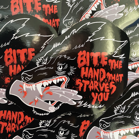 Bite the hand that starves you vinyl sticker featuring an angry wolf biting a hand with blood spraying.