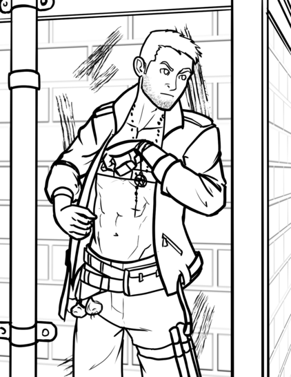 Line art illustration of a monster hunter looking around a corner
