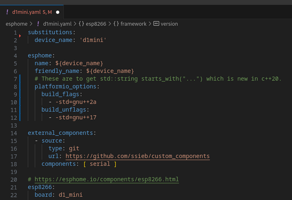 esphome yaml file for a d1mini esp8266 using c++20 build flags