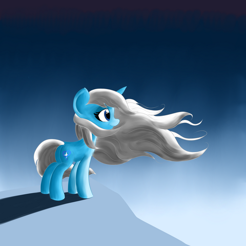 A petite unicorn with a blue coat and long silver hair overlooks a background not yet put in, but it has a gradiant of white to dark blue from bottom to top. Her hair is windblown as she looks off a cliff into a space that is as yet incomplete.