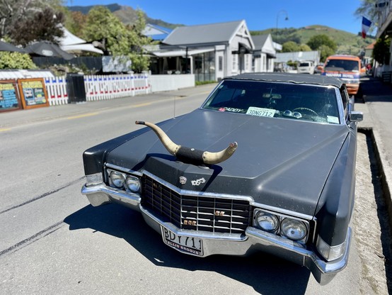 An d car (Cadillac?) with cattle horns mounted on the bonnet, parked in the street