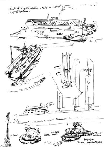 Sketches with pen and black ink on white paper showing various ships using wind assisted propulsion or under construction at a dry dock barge.