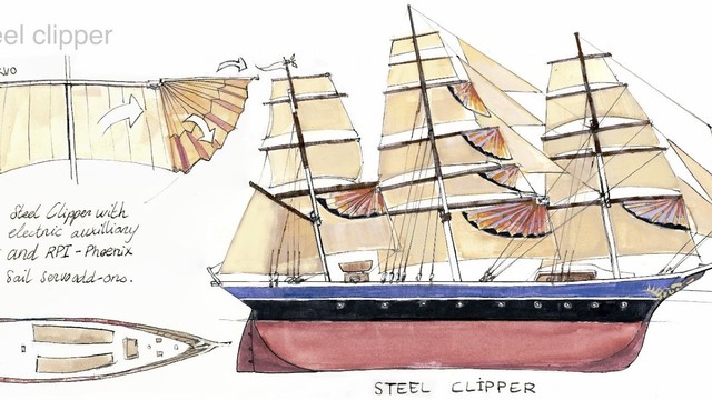 Watercolor and ink concept art of a steel clipper, inspired by the ecoclipper 500 prototype. Steel hulled cargo sailing ship.