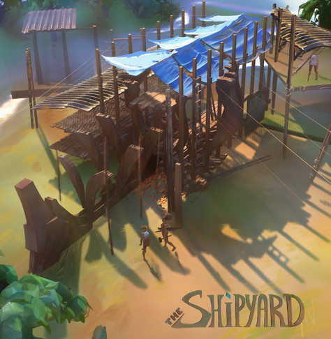 A 3D promotional screenshot from an early build of the game "The Shipyard" by Enora Mercier.