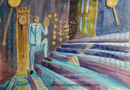 Forever is Composed of Nows.

The title of an Emily Dickinson poem about forever and now inspired this painting about time, represented by clocks, a clock headed man, on a stairs, beside a grandfather clock, moving towards a door.